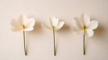 11. A trio of minimalist flowers with soft, pale blooms, arranged in a horizontal line against a neutral background to emphasize their simplicity and geometric forms