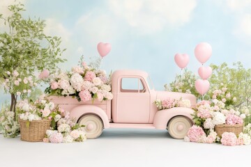 Vintage Pink Truck Overflowing with Roses and Balloons in Whimsical Spring Floral Garden Scene