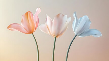 5. Three minimalist tulip-like flowers in a linear arrangement, their smooth curves and soft pastel colors standing out against a muted background, exuding elegance and simplicity