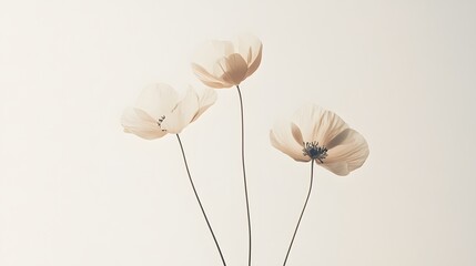 1. A simple arrangement of three flowers with thin stems, each positioned in a way that highlights their minimalistic structure and soft pastel tones, set against a plain white background