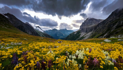 vibrant field of blooming flowers stretches across valley at foot of majestic mountains under dramatic cloudy sky, creating breathtaking and serene landscape