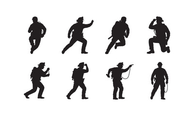 Dynamic Firefighter Silhouettes - Eight Action-Poses Showcasing Rescue and Courage