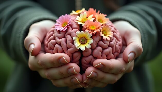 Hands Holding Flourishing Brain - Symbolizing Care and Development
