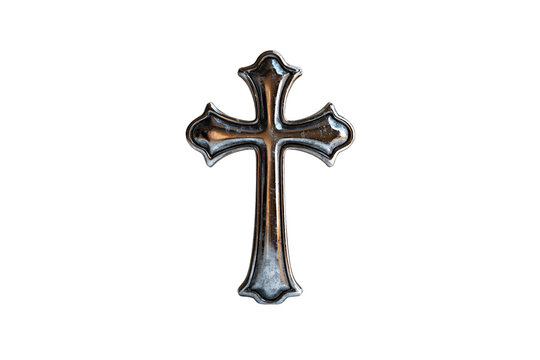 A detailed metallic cross with flared ends, slightly aged surface, isolated on a transparent background