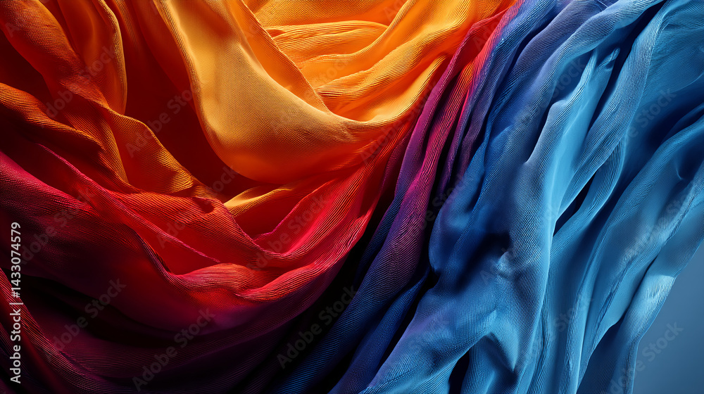 Poster Abstract image of flowing fabric in shades of orange, red, and blue, creating a dynamic and colorful composition, showcasing texture and movement, ideal for design backgrounds