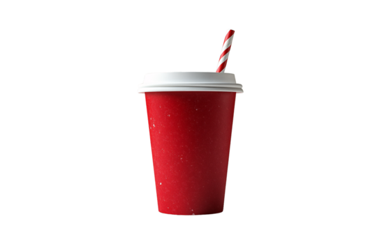 A red takeaway cup with white lid and striped straw, simple and refreshingly modern, isolated on a transparent background