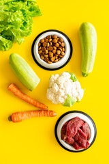 Tasty food for pets with beef meat and vegetables, top view