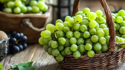 Freshly harvested green grapes are arranged in woven baskets, their vibrant color contrasting against the rustic wooden table. A touch of elegance in a farmhouse kitchen setting adds charm