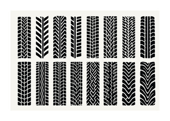 Vehicle tire treads silhouette icons set – solid style automotive and transportation symbols for design: all-terrain, motorcycle, bicycle, racing, snow, off-road.
