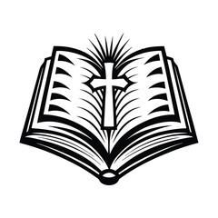 Open Book Silhouette With Cross Shining Radiance Black and White Religious Symbol