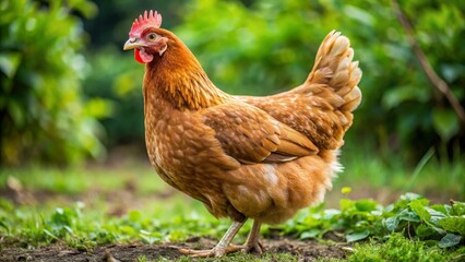 Fototapeta premium Full bodchicken - bird, no people, photography, color image, hen, one animal, animal, livestock, bird, horizontal, domestic animals, animal themes, nature, pouly of brown chicken hen standing position