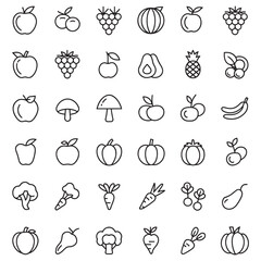 Restaurant Line Icons, Food and Drink Line Editable Icons set. Vector illustration in thin line style of nutrition related icons: vegetables, fruits, desserts, meat, baked goods, drinks, and more. 