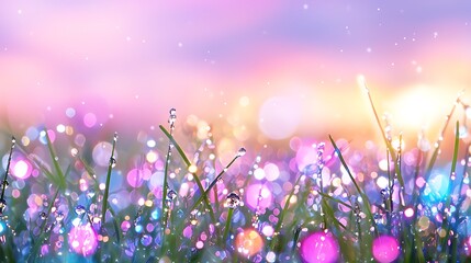 Colorful Dew Drops on Grass at Sunrise