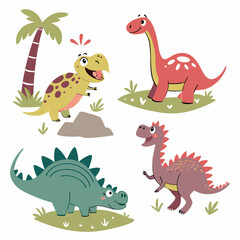 Cute Cartoon Dinosaurs: Set of 4 Adorable Dino Illustrations.