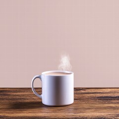 Freshly brewed cup of coffee on a charming wooden table with soft natural light illuminating it