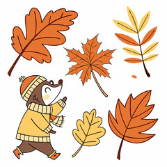 Obraz premium Autumn Badger: Cute Hand-Drawn Fall Leaves & Animal Illustration.