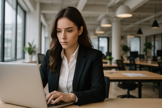 Femme en tailleur noir travaillant sur ordinateur portable dans un espace de coworking moderne, concentr&eacute;e sur des t&acirc;ches administratives ou de gestion d&rsquo;entreprise