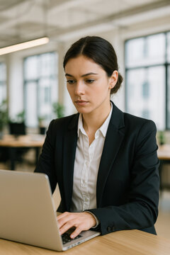 Femme en tailleur noir travaillant sur ordinateur portable dans un espace de coworking moderne, concentr&eacute;e sur des t&acirc;ches administratives ou de gestion d&rsquo;entreprise