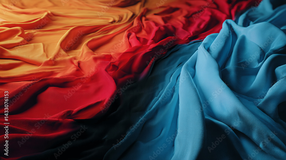 Poster abstract image of draped fabric in orange, red, and blue hues. the flowing texture creates a dynamic