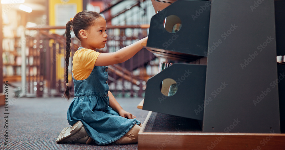 Poster Shelf, choice and child with books in library for reading story, literature and learning. School, bookstore and girl on floor with decision or search for knowledge, education and language development