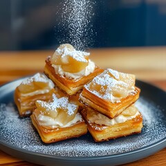 Elegant Layered Pastries with Cream and Caramelized Fruit, Dusted with Powdered Sugar