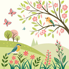 Spring Birds & Blossoms: Pastel Floral Landscape Illustration.