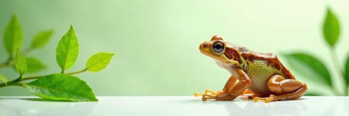 Fototapeta premium Grenouille cach?e derri?re un panneau blanc avec des feuilles vertes, greenery, white panel, water