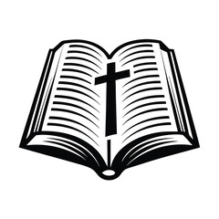 Open Book Silhouette with Christian Cross Symbol, Simple, Modern, Isolated on White