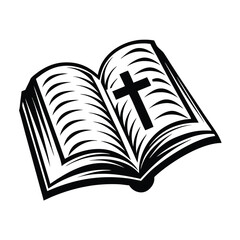 Open Book Silhouette with Christian Cross, Gospel and Pages, Black and White Outline