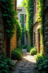 Fototapeta premium Secluded alleyway with rugged stone wall covered in vines, grey, urban, architecture