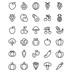 Restaurant Line Icons, Food and Drink Line Editable Icons set. Vector illustration in thin line style of nutrition related icons: vegetables, fruits, desserts, meat, baked goods, drinks, and more. 