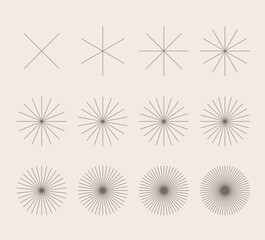 Obraz premium Radial round thin rays sunburst symbol. Abstract geometric logo shapes, stars. Starburst vector stripes