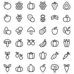 Restaurant Line Icons, Food and Drink Line Editable Icons set. Vector illustration in thin line style of nutrition related icons: vegetables, fruits, desserts, meat, baked goods, drinks, and more. 