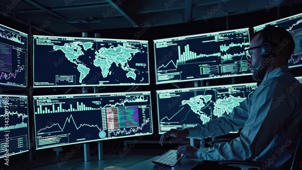 Poster monitoring global market trends using advanced analytics and data visualization in a high-tech offic