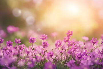 Naklejka premium Dreamy Pink Spring Background with Bokeh and Wild Purple Flowers