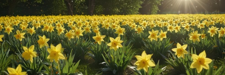 A field of cheerful daffodils bathed in sunlight, showcasing their bright yellow petals against lush green , spring flowers, yellow, texture
