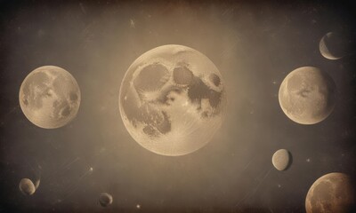 Naklejka premium Aged paper texture, celestial bodies, moon phases, cosmos, vintage style , crescent moon, celestial
