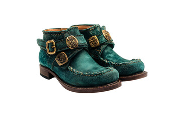Elegant suede boots in rich teal, featuring antique-style golden medallion buckles and hand-stitched detailing, isolated on a transparent background