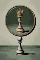 Symbolic Chess King Piece Reflected in Round Frame on Elegant Background with Soft Shadows