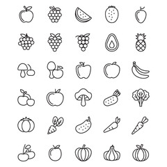 Restaurant Line Icons, Food and Drink Line Editable Icons set. Vector illustration in thin line style of nutrition related icons: vegetables, fruits, desserts, meat, baked goods, drinks, and more. 