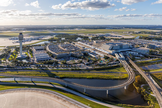 Aerial view photo of Orlando International Airport with Terminal and Tower in Orlando, United States