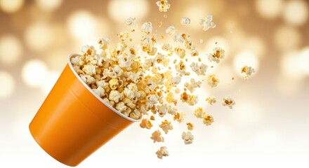 An orange bucket spilling popcorn with a blurred golden background and white foreground space filling view