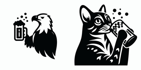 Bald Eagle drinking beer. Funny Animal Vector Clip art. American avian creature imbibing brew patriotic beverage concept.