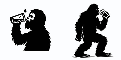 Bigfoot drinking beer. Funny Animal Vector Clip art. Cryptid consuming brew a mythical creature enjoying alcoholic beverage.