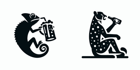 Chameleon drinking beer. Funny Animal Vector Clip art. Reptile savoring brew exotic pet enjoys malt beverage refreshment concept.