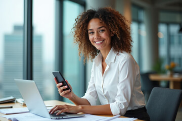 Happy professional female company executive, smiling business woman entrepreneur, business woman corporate leader manager working in office looking at camera using phone. AI
