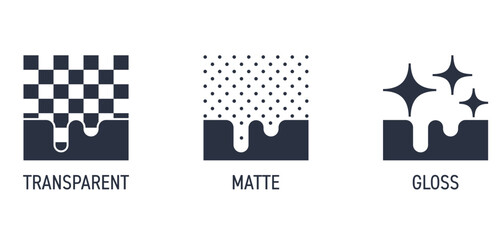 Matte, Gloss and Transparent - type of surface. Icons in monochrome style