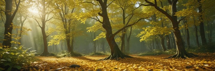 Fototapeta premium Golden leaves dappled sunlight, lush green undergrowth, brown, woods