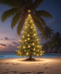 Lighted Christmas tree on a secluded tropical beach, festive escape ,  nature,  lights,  vacation