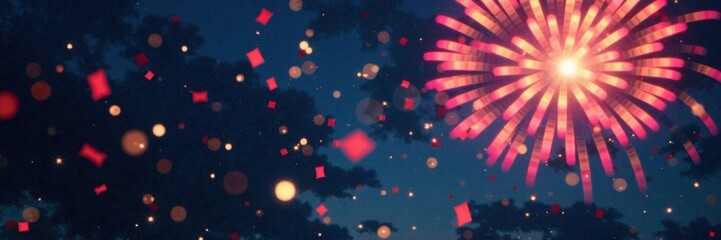 Confetti falling from sky with New Year's Eve fireworks, holiday, fireworks, glitter